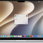 A Mac is next to an iPhone. The AirDrop dialog is open on the Mac desktop, ready to share a document with the iPhone. The iPhone screen has a notification about receiving the document.