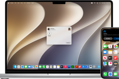 A Mac is next to an iPhone. The AirDrop dialog is open on the Mac desktop, ready to share a document with the iPhone. The iPhone screen has a notification about receiving the document.