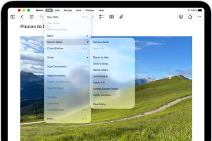 The Notes app open, with the menu bar showing at the top of the screen. The Edit menu on the menu bar is open, showing a list of actions you can perform—including Select All, Find, Duplicate, and so on.