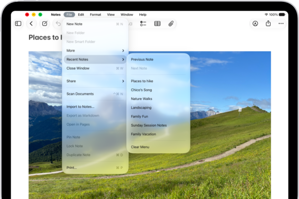 The Notes app open, with the menu bar showing at the top of the screen. The Edit menu on the menu bar is open, showing a list of actions you can perform—including Select All, Find, Duplicate, and so on.