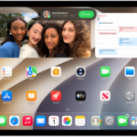 The iPad Home Screen showing a FaceTime video call notification from an iPhone at the top. Tap Switch to move the call to your iPad.