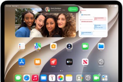 The iPad Home Screen showing a FaceTime video call notification from an iPhone at the top. Tap Switch to move the call to your iPad.
