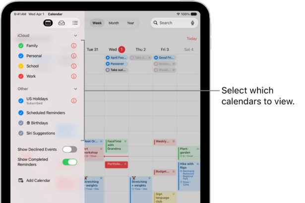 The Calendars list, with checkmarks indicating which calendars are active. The Done button for closing the list is in the top-right corner. The Add Calendar button is in the bottom-left corner.