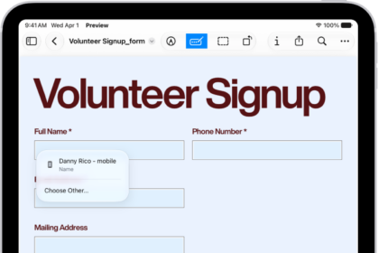 A screen showing a PDF form with fillable fields highlighted. At the bottom of the screen are the Add Annotation, Markup, AutoFill, Crop, Info, Share, and Search buttons. The AutoFill button is selected.