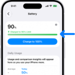 The charging information card in iPhone Battery settings. The card shows the battery at 90% with the message "Charged to 90% Limit." A button provides the option to "Charge to 100%.