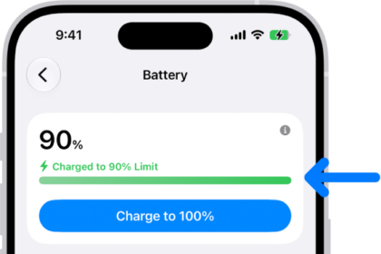 The charging information card in iPhone Battery settings. The card shows the battery at 90% with the message "Charged to 90% Limit." A button provides the option to "Charge to 100%.