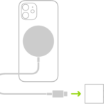 An illustration showing one end of MagSafe Charger attached to the back of iPhone and the other end connecting to a power adapter.