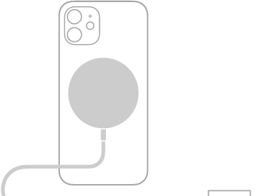 An illustration showing one end of MagSafe Charger attached to the back of iPhone and the other end connecting to a power adapter.