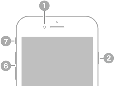 The front view of iPhone SE (2nd generation). The front camera is at the top, to the left of the speaker. On the right side, from top to bottom, are the side button and the SIM tray. The Home button is at the bottom center. The Lightning connector is on the bottom edge. On the left side, from bottom to top, are the volume buttons and the Ring/Silent switch.