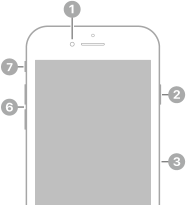 The front view of iPhone SE (2nd generation). The front camera is at the top, to the left of the speaker. On the right side, from top to bottom, are the side button and the SIM tray. The Home button is at the bottom center. The Lightning connector is on the bottom edge. On the left side, from bottom to top, are the volume buttons and the Ring/Silent switch.