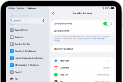 The Location Services screen, with settings to share the location of your iPad with apps.