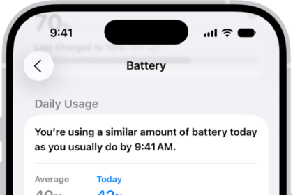 The Battery Usage screen in Settings on iPhone displays graphs and information about battery consumption. At the top, a bar graph shows battery usage over the last eight days. Below it, a second graph details the battery level throughout the current day, indicating periods of charging.