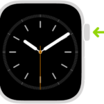 Illustration of Apple Watch with an arrow pointing to the Digital Crown at upper right.