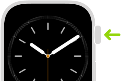 Illustration of Apple Watch with an arrow pointing to the Digital Crown at upper right.