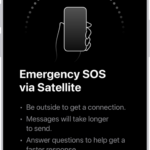 The Emergency SOS screen, showing that the phone is connected and instructing the user to keep pointing at the satellite. The Report Emergency button is at the bottom of the screen.