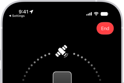 The Emergency SOS screen, showing that the phone is connected and instructing the user to keep pointing at the satellite. The Report Emergency button is at the bottom of the screen.