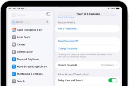 Face ID & Passcode settings, with options for allowing access to specific features when iPad is locked.