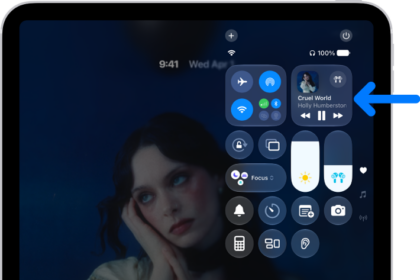 The iPad Control Center showing an arrow pointing to the audio card where you can control music from the Lock Screen or when using another app.