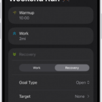 The Fitness Custom Workout screen showing warmup, work, and recovery intervals. At the bottom of the screen are buttons to add a step, repeat an interval, and reorder intervals.