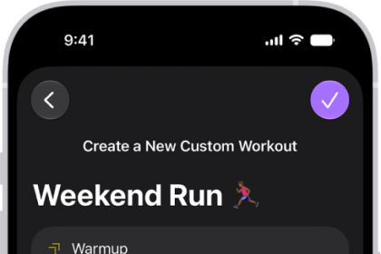The Fitness Custom Workout screen showing warmup, work, and recovery intervals. At the bottom of the screen are buttons to add a step, repeat an interval, and reorder intervals.