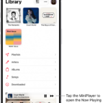 The Library tab, showing the MiniPlayer near the bottom. The MiniPlayer shows the title of the song that's playing. The Pause and Next Track buttons are to the right of the song title. Tap the MiniPlayer to open the Now Playing screen.