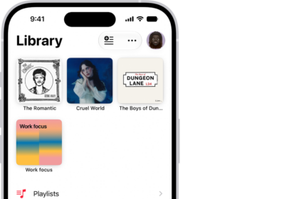 The Library tab, showing the MiniPlayer near the bottom. The MiniPlayer shows the title of the song that's playing. The Pause and Next Track buttons are to the right of the song title. Tap the MiniPlayer to open the Now Playing screen.
