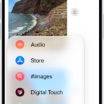 The Add menu in Messages on iPhone, showing iMessage options like audio messaging, Check In, Digital Touch, location sharing, and Memoji.