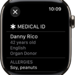 The Medical ID screen showing the person's name, age, language, organ donor status, and emergency contacts.