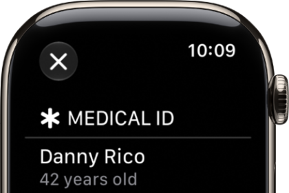The Medical ID screen showing the person's name, age, language, organ donor status, and emergency contacts.