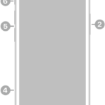The front view of iPhone 12 mini. The front camera is at the top center. The side button is on the right side. The Lightning connector is on the bottom. On the left side, from bottom to top, are the SIM tray, the volume buttons, and the Ring/Silent switch.