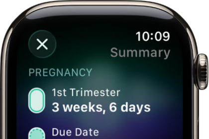 A screen in the Cycle Tracking app showing a pregnancy summary, with a gestational age and due date at the center of the screen.