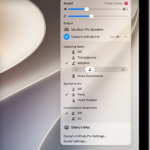 The AirPods icon is selected on the right side of the menu bar on Mac. For AirPods Pro, Adaptive is selected below Listening Mode and Conversation Awareness is Off.