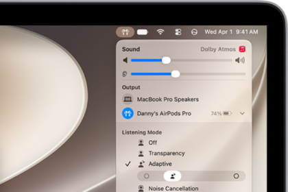 The AirPods icon is selected on the right side of the menu bar on Mac. For AirPods Pro, Adaptive is selected below Listening Mode and Conversation Awareness is Off.