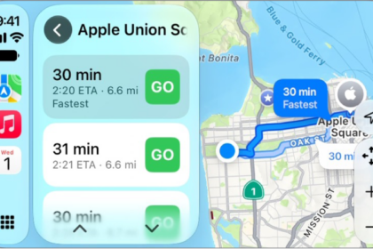 CarPlay showing Maps, Music, and Calendar in the Sidebar. On the right is a map showing two different navigation routes to get from point A to point B.