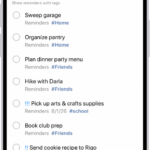 A list of tagged reminders in the Reminders app. Buttons along the top show additional tags that you can apply.