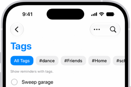 A list of tagged reminders in the Reminders app. Buttons along the top show additional tags that you can apply.