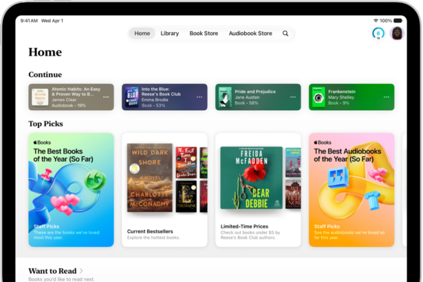 The Home screen in the Books app, showing the Current, Recent, and Want to Read sections.