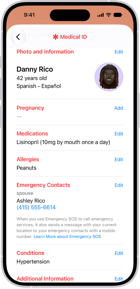 A Medical ID screen containing information including birth date, medications, allergies, emergency contacts, and medical conditions.