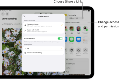 A collaboration invitation to a brainstorm in Notes, showing Share a Link for the share option and "People you choose can edit" as the access and permission setting. Four possible recipients, including a group, form a row below that. The next row offers different ways to share the note: AirDrop, Messages, Mail, and Reminders. The last row contains buttons to copy, export, and save the note.
