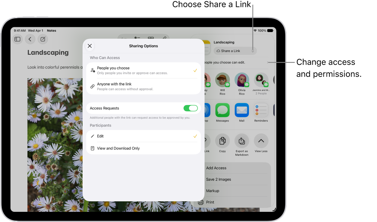 A collaboration invitation to a brainstorm in Notes, showing Share a Link for the share option and "People you choose can edit" as the access and permission setting. Four possible recipients, including a group, form a row below that. The next row offers different ways to share the note: AirDrop, Messages, Mail, and Reminders. The last row contains buttons to copy, export, and save the note.