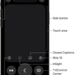 Remote app on an iPhone, showing buttons for volume, playback, power, and more