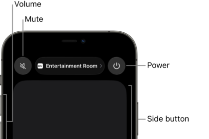 Remote app on an iPhone, showing buttons for volume, playback, power, and more