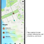 The Find My screen open to the People list. There are four people in the list: Olivia Rico, Dawn Ramirez, Ashley Rico, and Will Rico. Tap the Add button at the top of the People list to share your location.