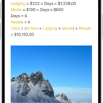 A note for planning a trip, with a calculation of the travel expenses and a photo.