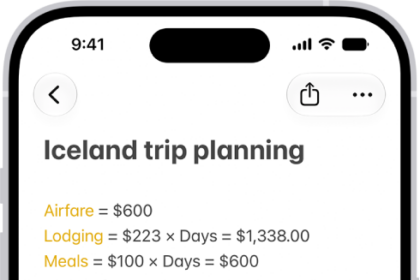 A note for planning a trip, with a calculation of the travel expenses and a photo.