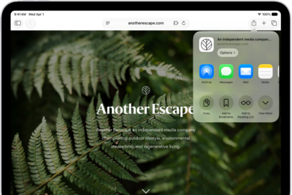 An open webpage. The Share button has been tapped, showing options for AirDrop, Messages, Mail, Notes, Copy, Add to Bookmarks, Add to Reading List, and More.