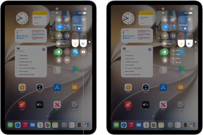 The iPad Control Center. Controls for Airplane Mode, cellular data, Wi-Fi, and Bluetooth are in the top-left group in Control Center for Wi-Fi + Cellular iPad models. The Camera control is at the bottom right of Control Center. The screen on the right shows the quick menu of options that appear when you touch and hold the Camera control.