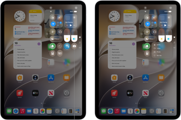 The iPad Control Center. Controls for Airplane Mode, cellular data, Wi-Fi, and Bluetooth are in the top-left group in Control Center for Wi-Fi + Cellular iPad models. The Camera control is at the bottom right of Control Center. The screen on the right shows the quick menu of options that appear when you touch and hold the Camera control.