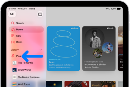 The sidebar on the left with an arrow pointing out pinned items, such as an album and a playlist, with albums appearing on the right. The MiniPlayer is at the bottom.