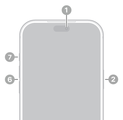 The front view of iPhone 18 Pro Max. The front camera is at the top center. The side button is on the right side. The USB-C connector is on the bottom. On the left side, from bottom to top, are the SIM tray, the volume buttons, and the Action button.